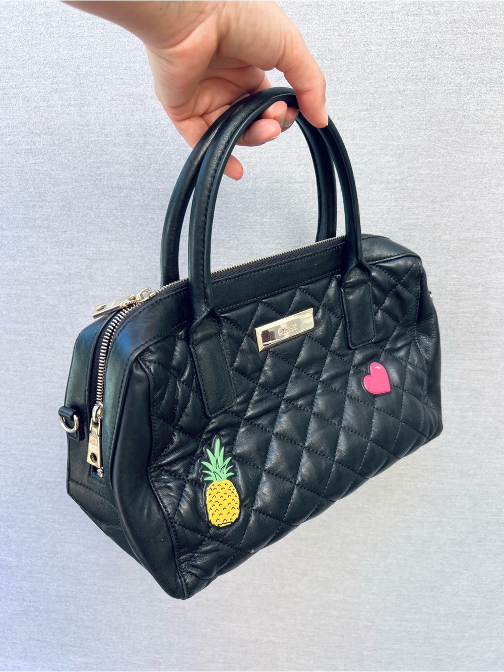 DKNY Black Quilted Leather Satchel with Pineapple & Pink Heart Accents